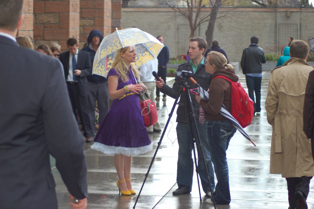 Interviews going on outside the Tabernacle