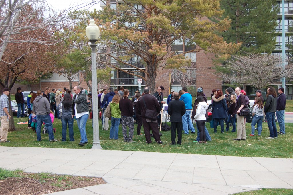 Group attendees mingle prior to the beginning of the American Atheists mass-resignation event.