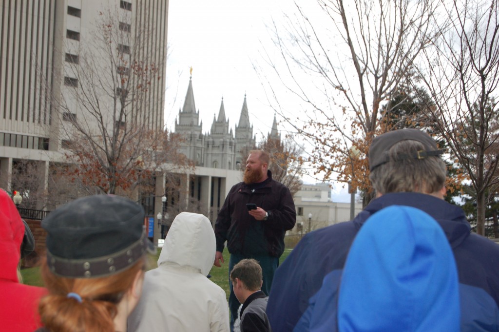 Dan Ellis, President of  Atheists of Utah, shares a few remarks with those gathered around him.